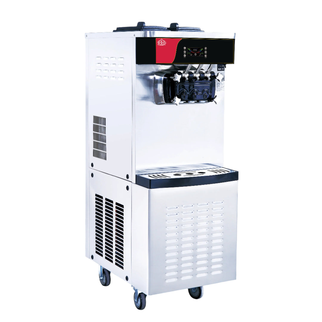 KRD three-flavour soft serve ice cream and frozen yogurt machine with stainless steel finish and air pump function.