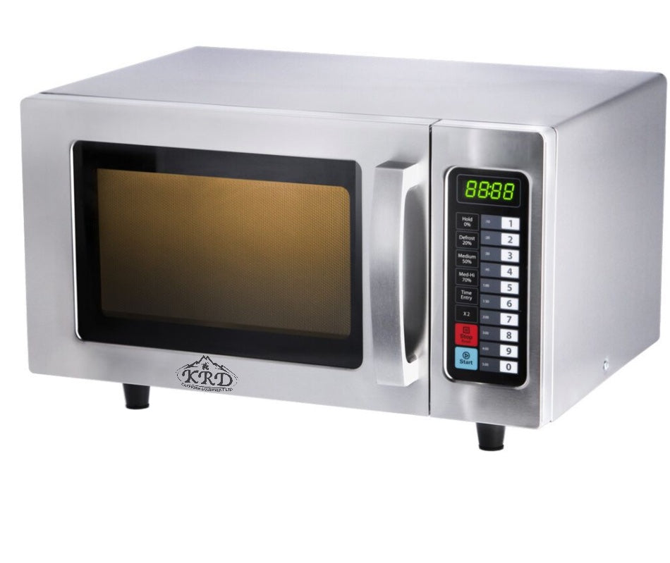 KRD programmable commercial microwave oven 1000W 25Ltr stainless steel with digital control panel.