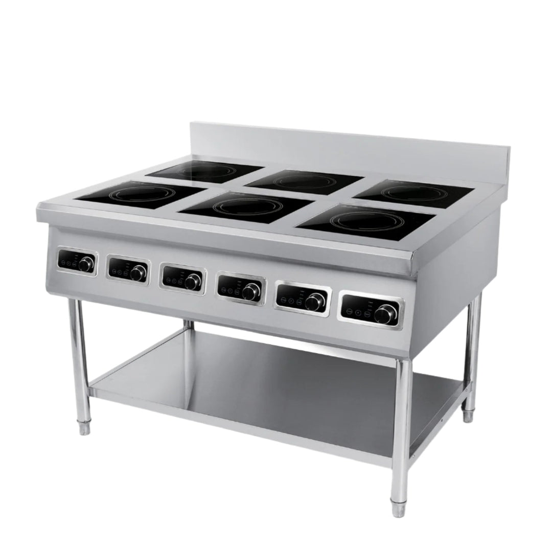 KRD Professional Free Standing Induction Hob AMTCD601 with 6 independent heat zones and stainless steel undershelf, dimensions 1200x900x920mm.