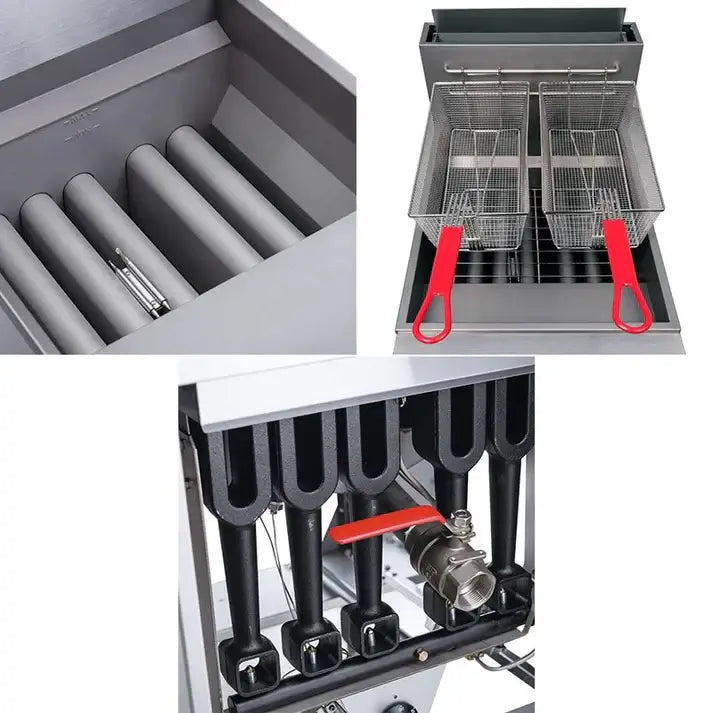 KRD Twin Basket Professional Free standing Deep Fat Fryer GF150 showing burners and baskets for high-capacity cooking.