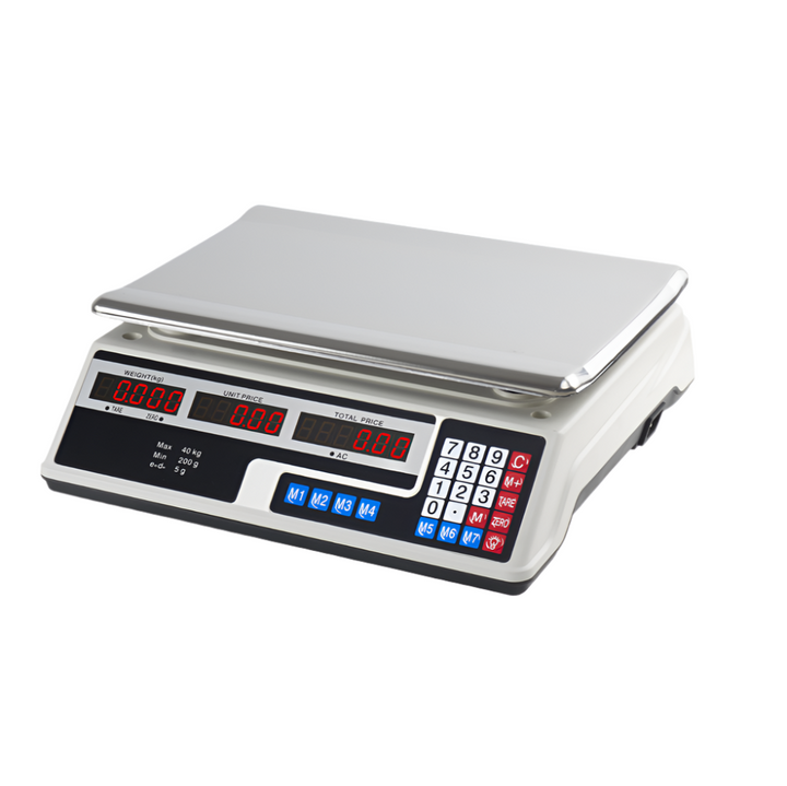 KRD commercial weighing scale model ACS6208 with LCD display, 40kg capacity and stainless steel platform.