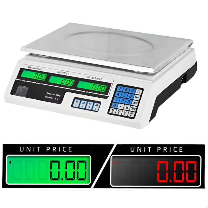 KRD commercial weighing scale ACS6208 with LCD display, 40kg capacity, ABS plastic, dimensions 550x370x380mm.