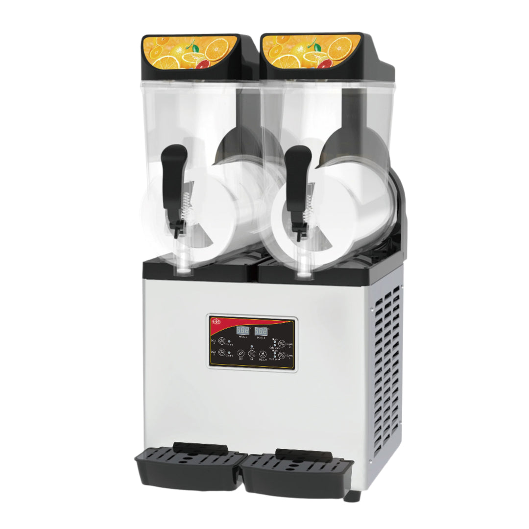 KRD Commercial Slush Machine with two 15-litre tanks for serving multiple flavors efficiently.