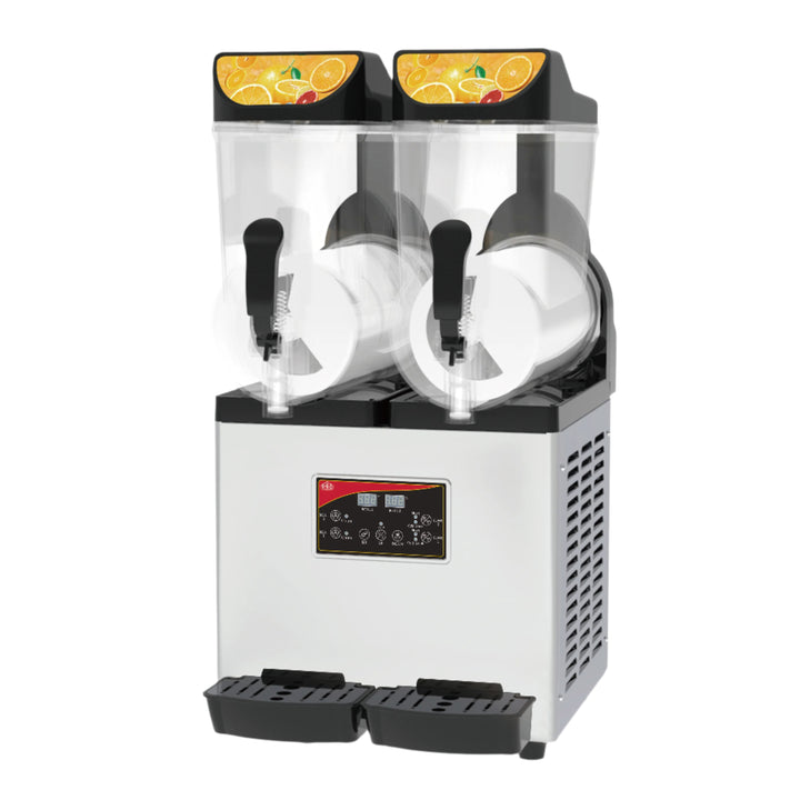 KRD Commercial Slush Machine with two 15-litre tanks for serving multiple flavors efficiently.