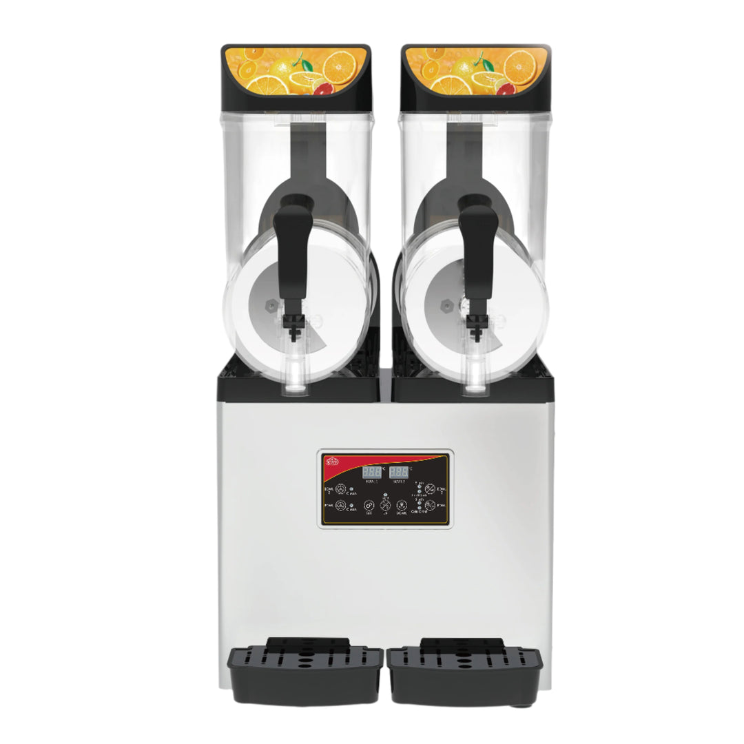 KRD Commercial Slush Machine with two 15-litre tanks and digital display for serving chilled drinks.