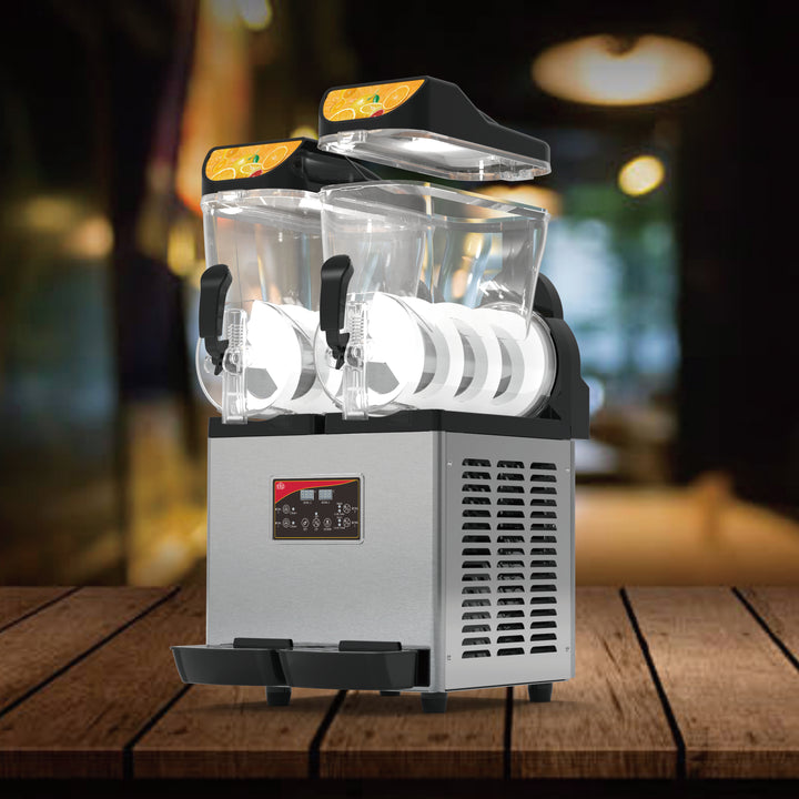 KRD Commercial Slush Machine with two 15L tanks and digital controls for serving multiple flavors.