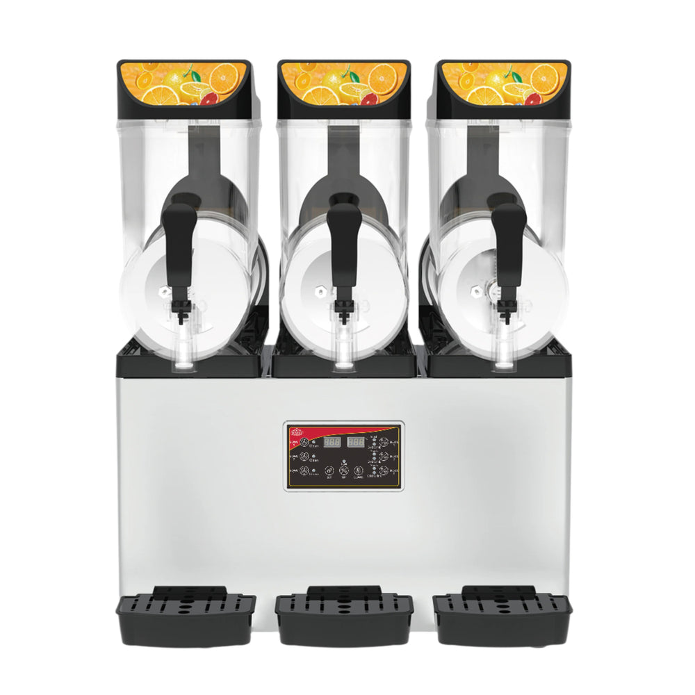 KRD Commercial Slush Machine with three 15-litre tanks, digital display, and durable design for efficient drink service.