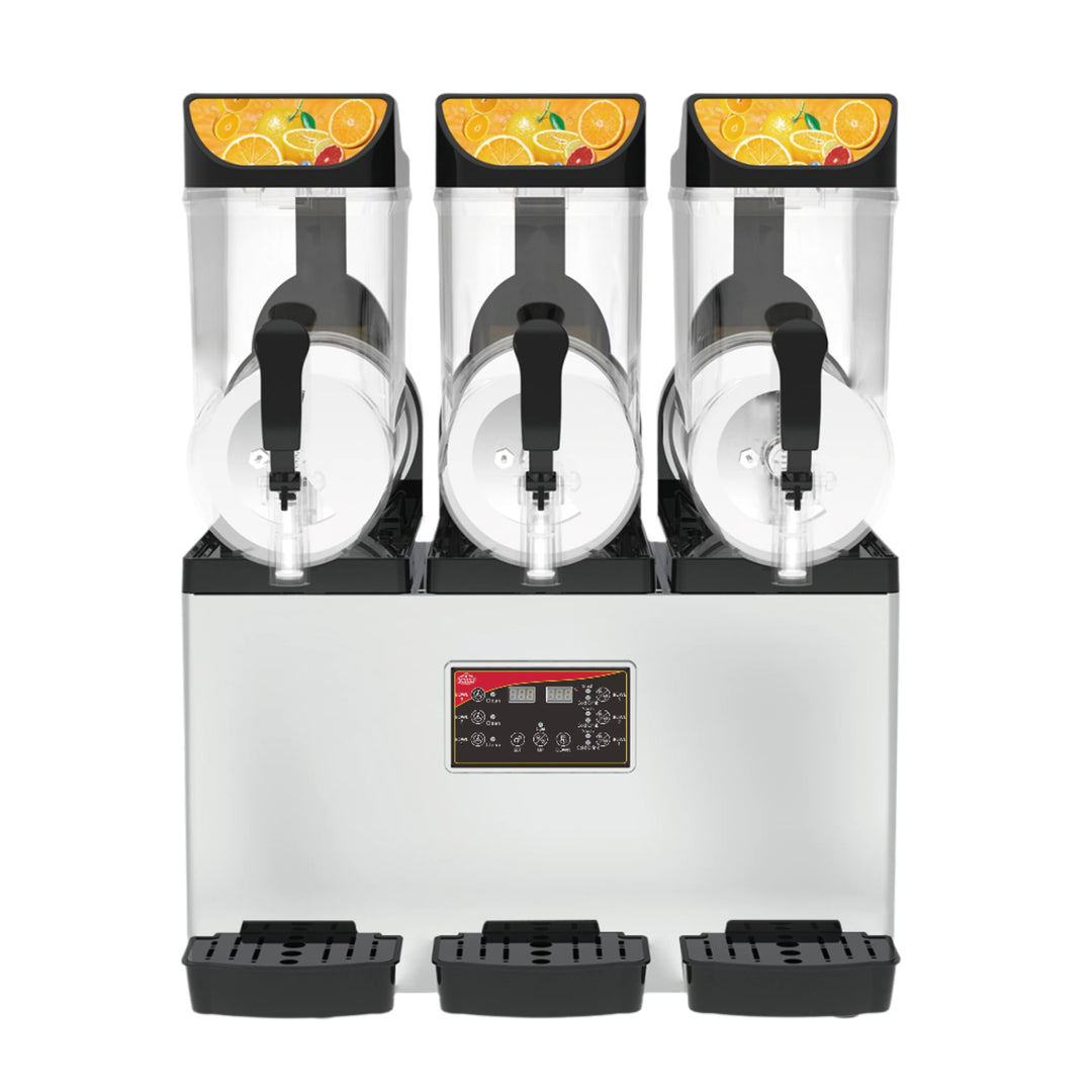 KRD Commercial Slush Machine with three 15-litre tanks, digital display, and durable design for efficient drink service.