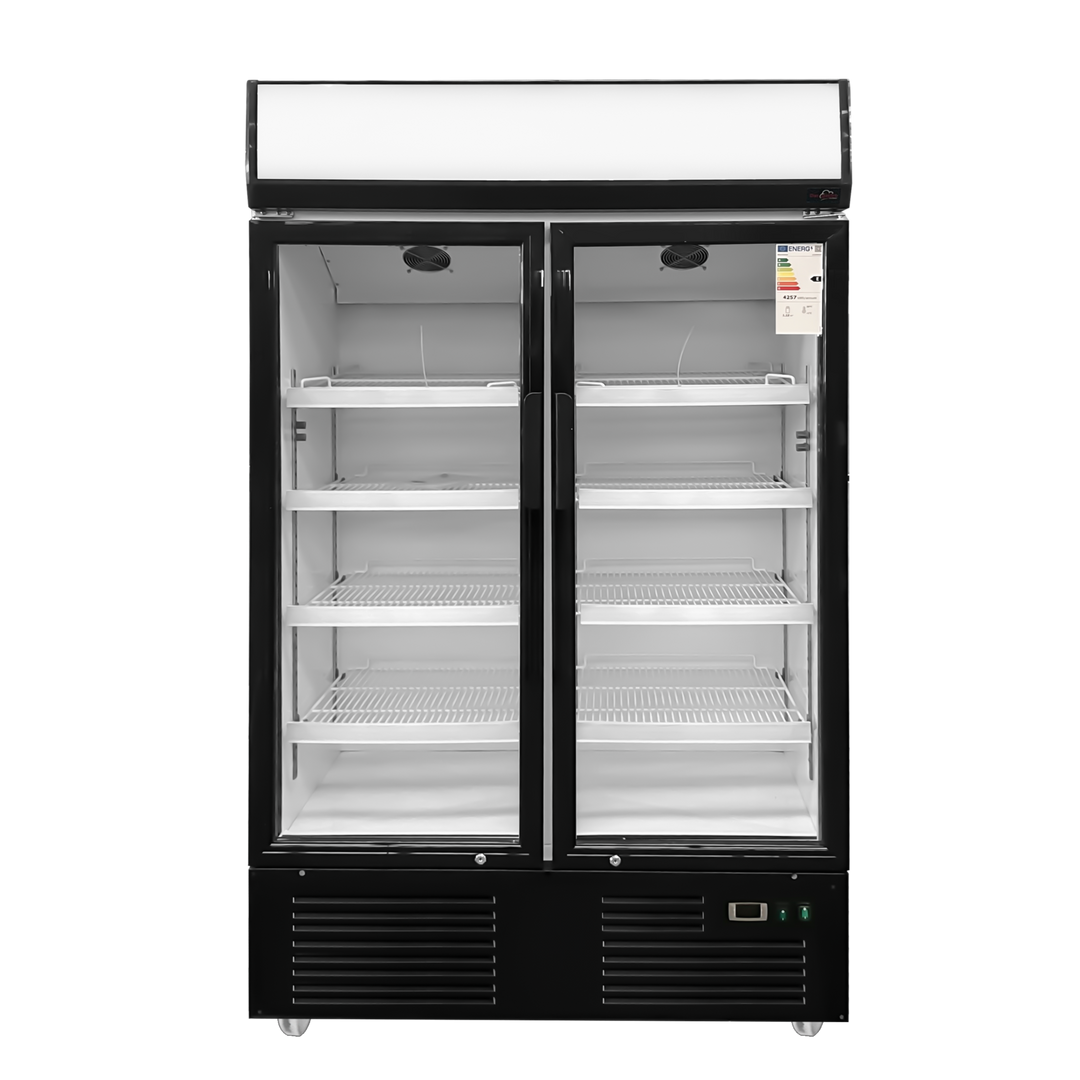 Commercial 122cm Twin Bottle cooler Upright 857 litres Hinged glass doors Black&White