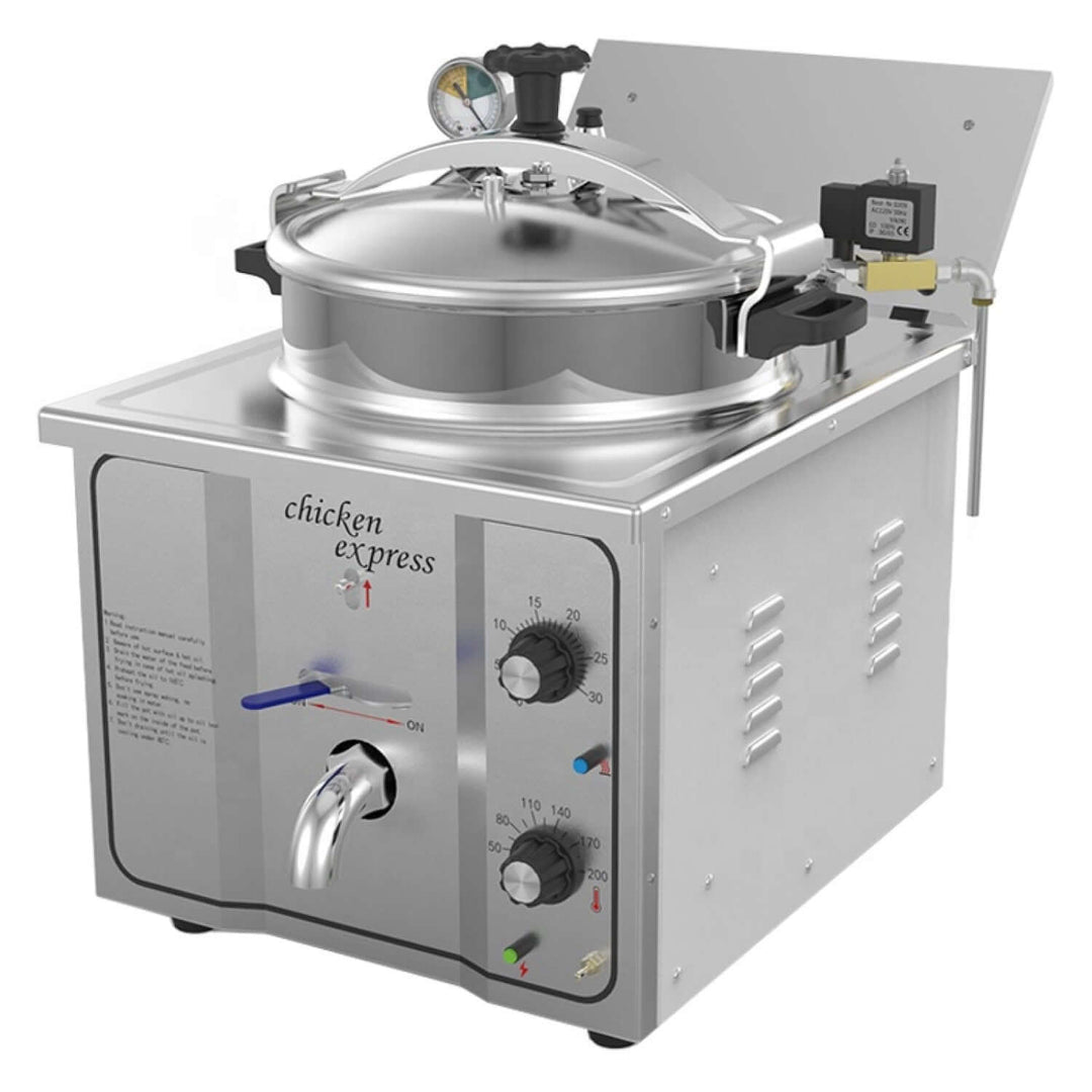 KRD Commercial Pressure Fryer 16 Litres Electric Countertop 3kW MZ16 with pressure gauge and control knobs.