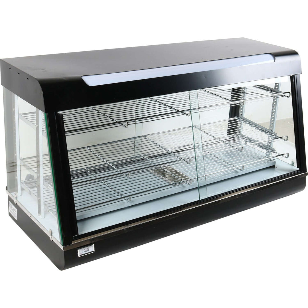 KRD Commercial Heated Showcase Food Warmer 120cm with 3 shelves, model HW603, black design for hot food merchandising.