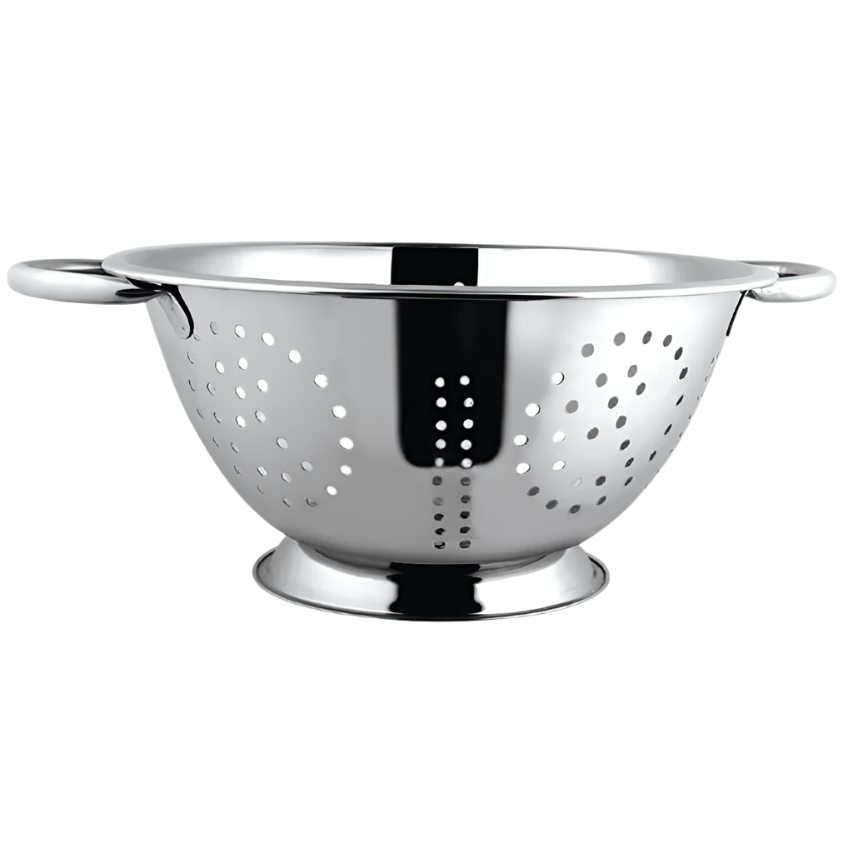KRD stainless steel colander drainer bowl with double handles, 34cm diameter, ideal for cooking and serving.