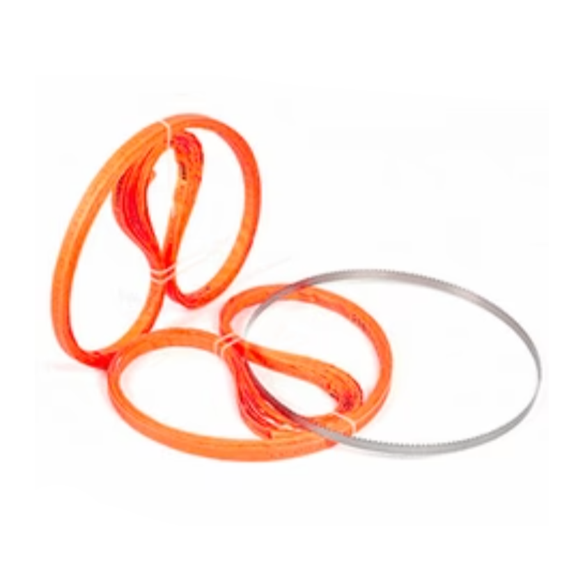 Spare replacement blade for J320 bone saw; stainless steel and orange replacement bands for cutting.
