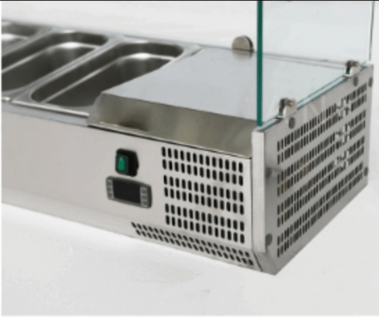 Close-up of KRD Refrigerated Servery Prep Top showing premium stainless steel finish and GN1/4 pan slots.