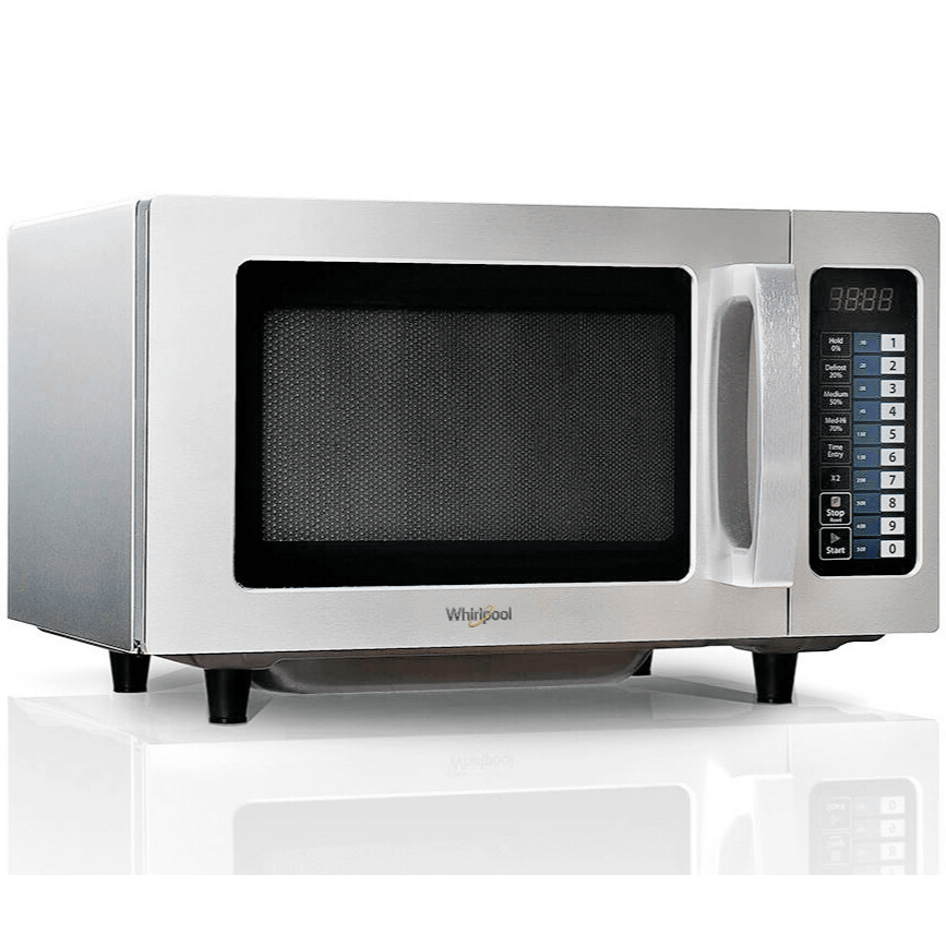 Whirlpool PRO25IX 1000w Commercial Microwave Oven 25 Litre in stainless steel, featuring a digital control panel and large interior.