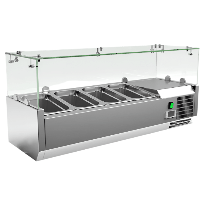KRD Refrigerated Servery Prep Top, 1000mm, 4xGN1/4, stainless steel salad bar with glass cover and cooling features.