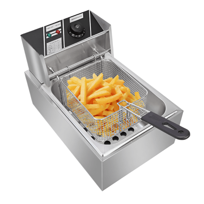 KRD Commercial Electric Fryer 6L with basket of golden fries, perfect for restaurants and fast food catering.