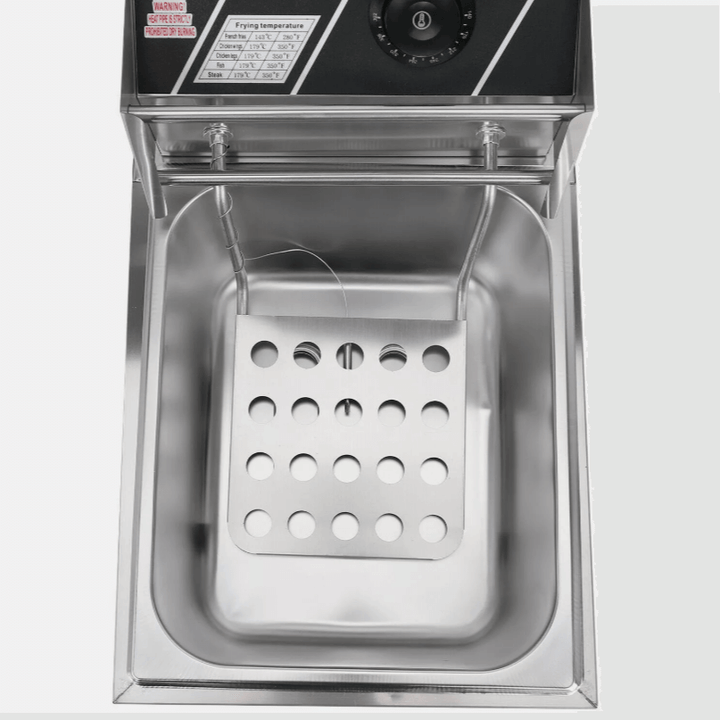 Inside view of KRD 6 litre electric fryer showing stainless steel tank and frying basket.