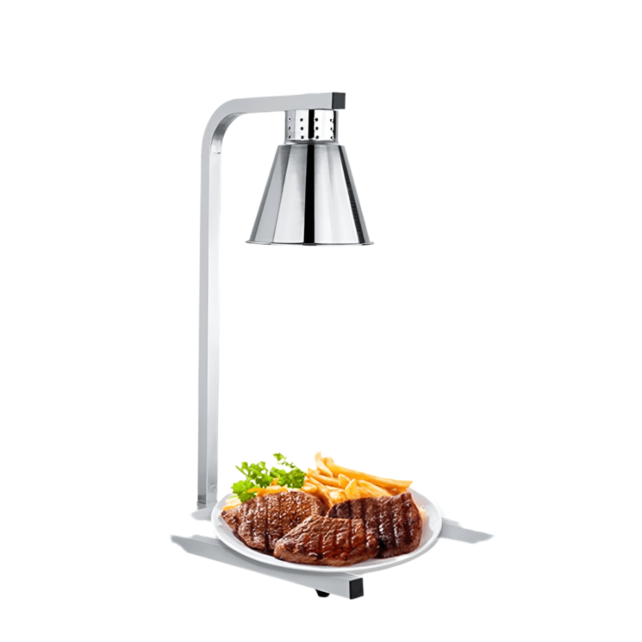 KRD single lamp infrared food warmer with steak and fries on a plate, maintaining heat for delicious meals.