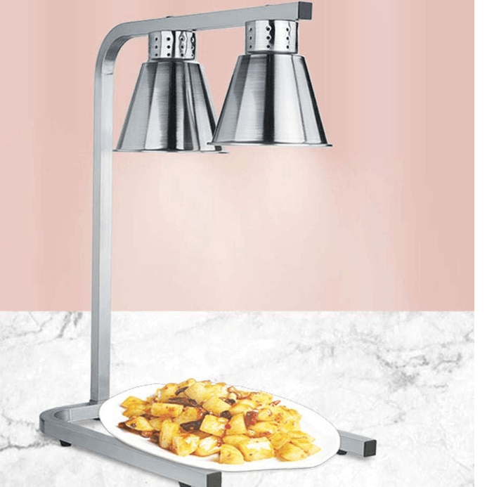 KRD Commercial Double Lamp Infrared Food Warmer with two heating lamps over a plate of food.