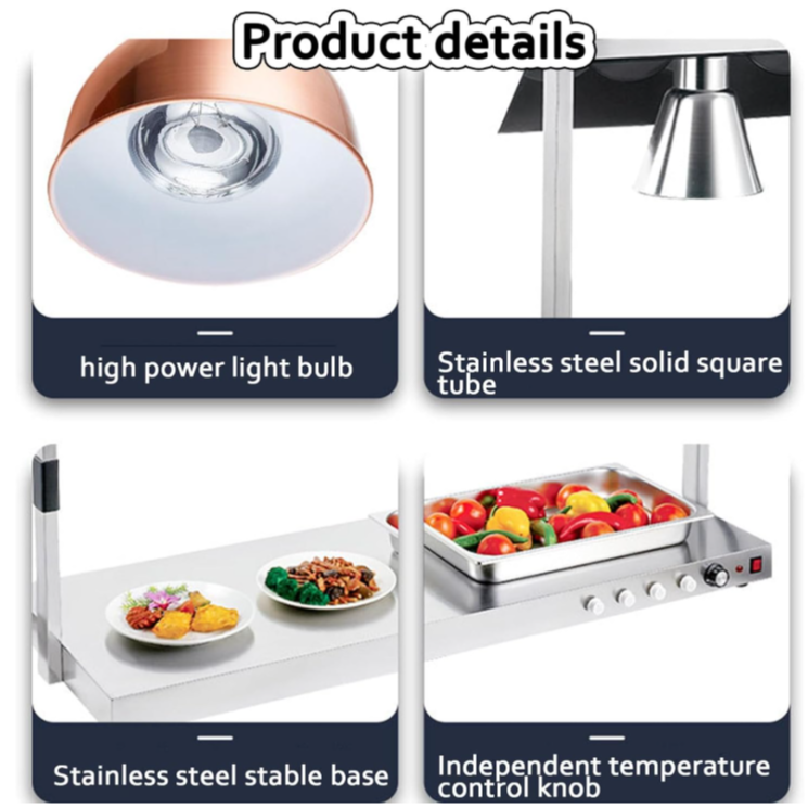 Product details of KRD Buffet warmer: high power light bulb, stainless steel tube, stable base, temperature control knob.