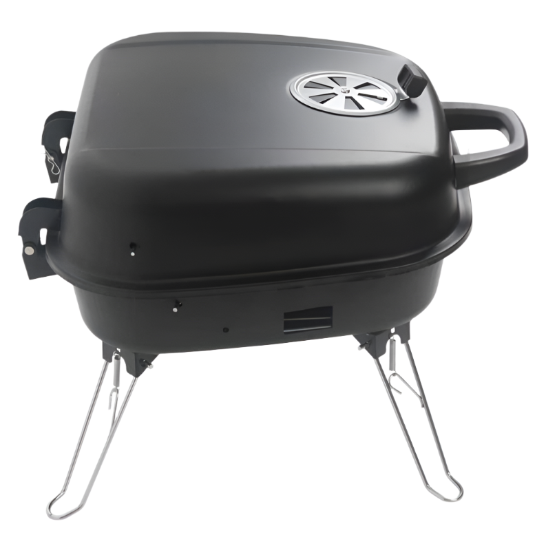 KRD portable charcoal grill, 38cm size, black metal body with chrome plated cooking grid and adjustable vent.