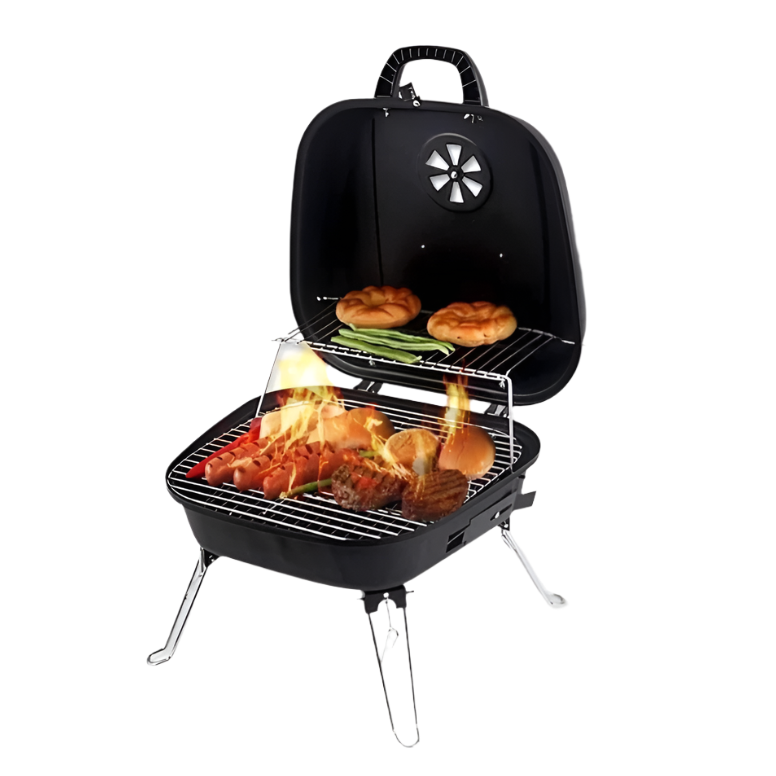 KRD BBQ charcoal grill 38cm with cooking grid and flames, portable design suitable for outdoor cooking.