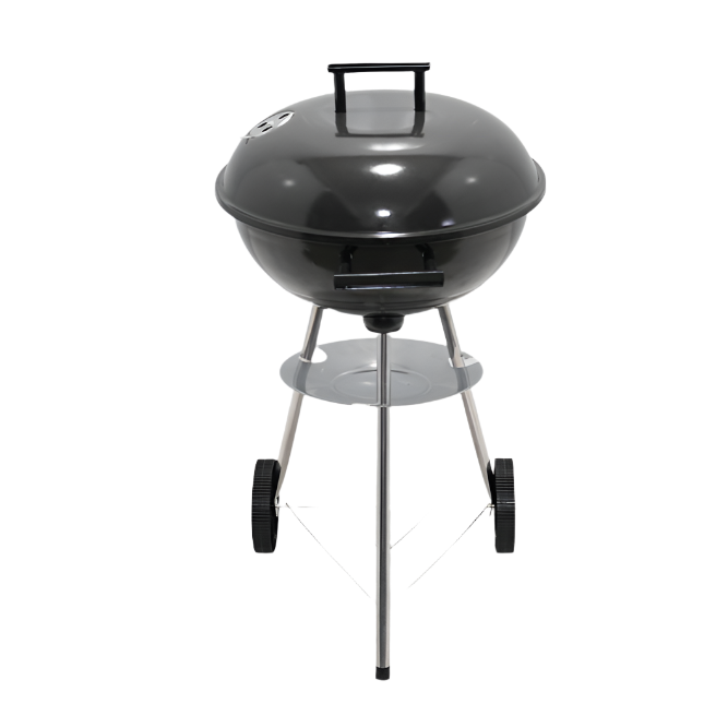 KRD Black Enamel Kettle Portable BBQ Charcoal Grill 42cm with chrome legs and wheels for easy mobility.