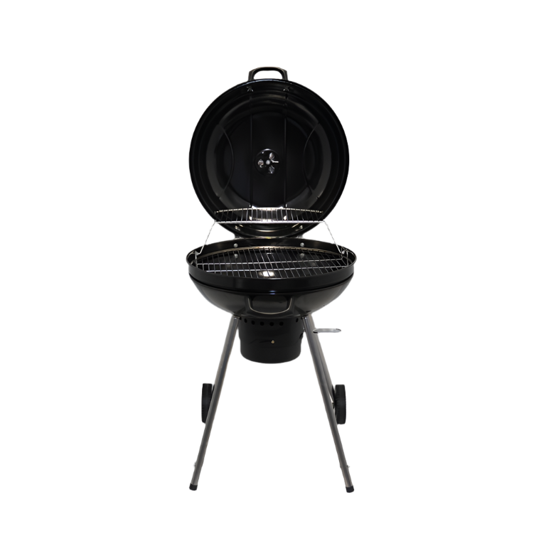 KRD Commercial Black Enamel Kettle BBQ Charcoal Grill 90cm with chrome plated cooking grid and ash tray.