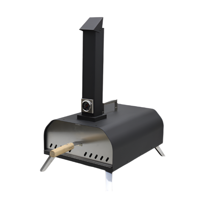 KRD 70cm portable outdoor pizza oven, wood fired and pellet, with chimney and temperature gauge.