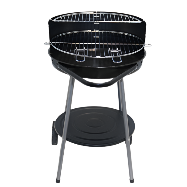 KRD Commercial Open Top Round BBQ Charcoal Grill 82cm with cooking grid and shelf, ideal for outdoor gatherings.