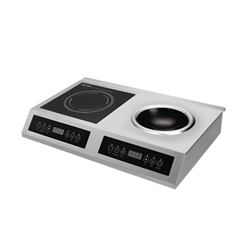 KRD Double Flat and Wok Induction cooker 3.5KW with user-friendly controls and automatic pan detection.