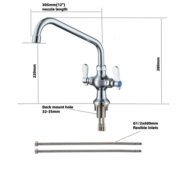 KRD Basin Mixer Tap with Stainless Steel Spout Double Lever Chrome KF1109CTU04