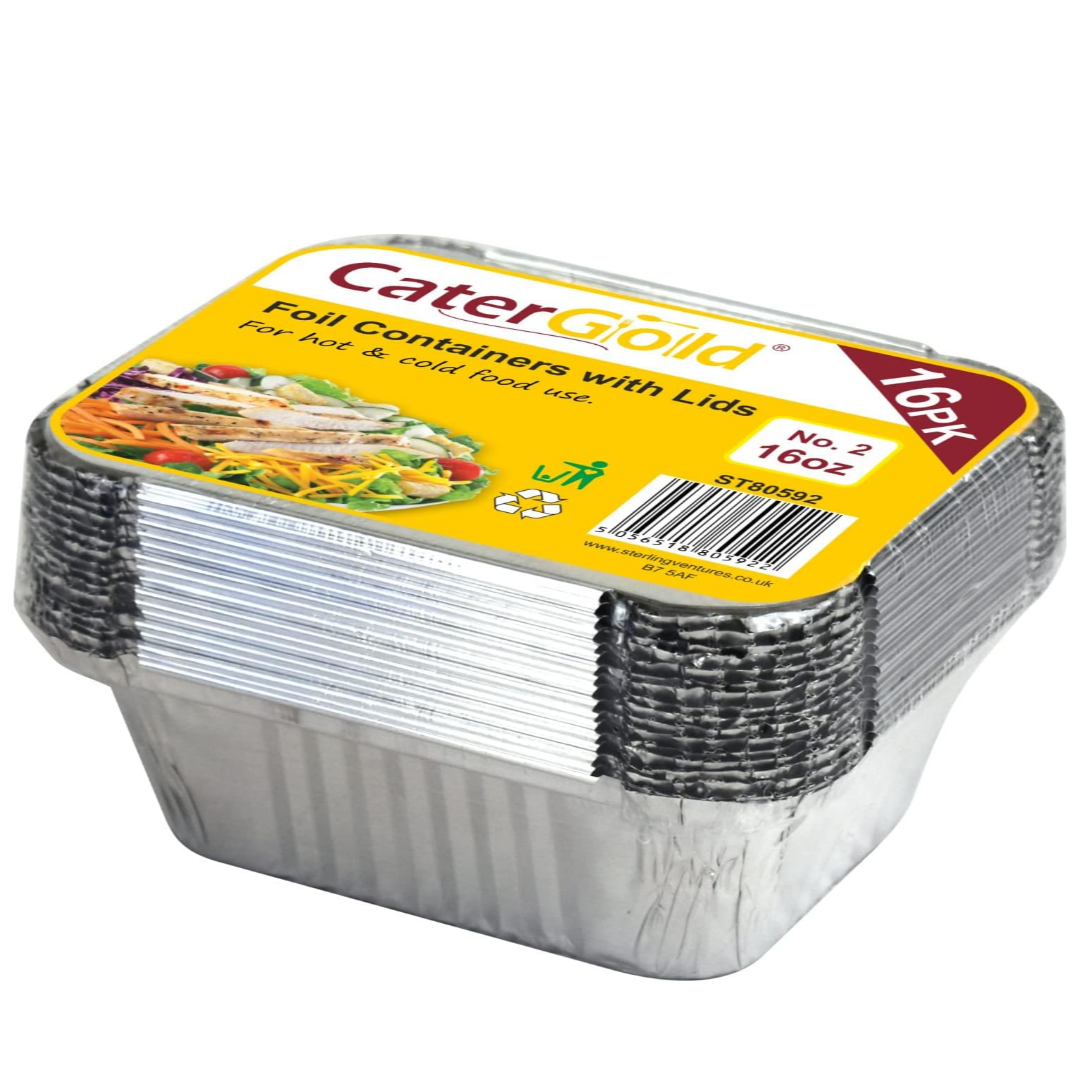 Aluminium Foil Containers 16oz Food Containers with Lids No 2 (16 Pack)