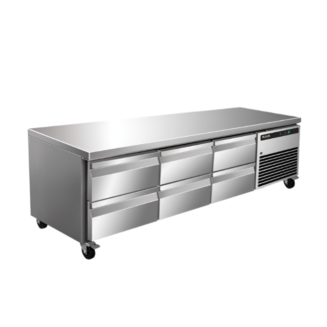 Stainless steel refrigerator with multiple drawers on a white background