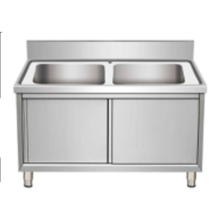 Commercial Stainless Steel Sink with Cupboard & Splashback 2 Bowls Width 1400mm Depth 700mm ECSKC147BM2