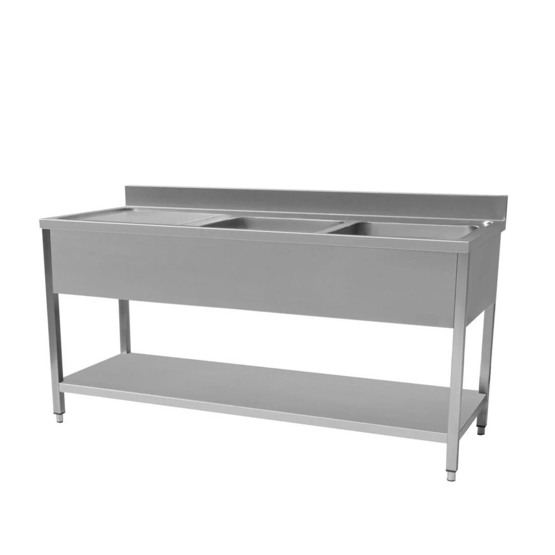 KRD Commercial Sink Stainless steel 2 Bowl Left side Drain board 140cm