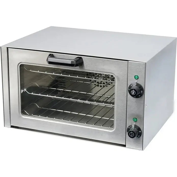 A silver KRD commercial electric convection oven with a glass door and two control knobs on the front.