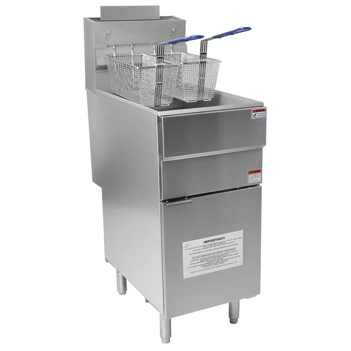 Commercial gas tube fryer 25L single tank stainless steel with twin baskets model GF120.