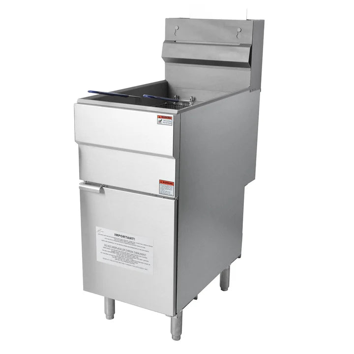 Commercial gas tube fryer, 25L single tank, stainless steel, includes twin baskets, model GF120.