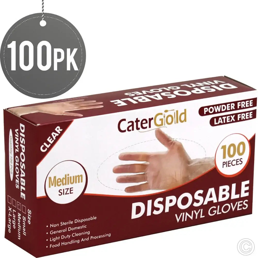 Disposable Vinyl Gloves 100pack Medium Clear Cater Gold