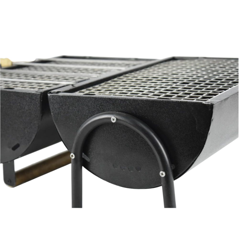 Heavy duty 38cm barbecue grill top view with steel construction and dual grill surfaces.