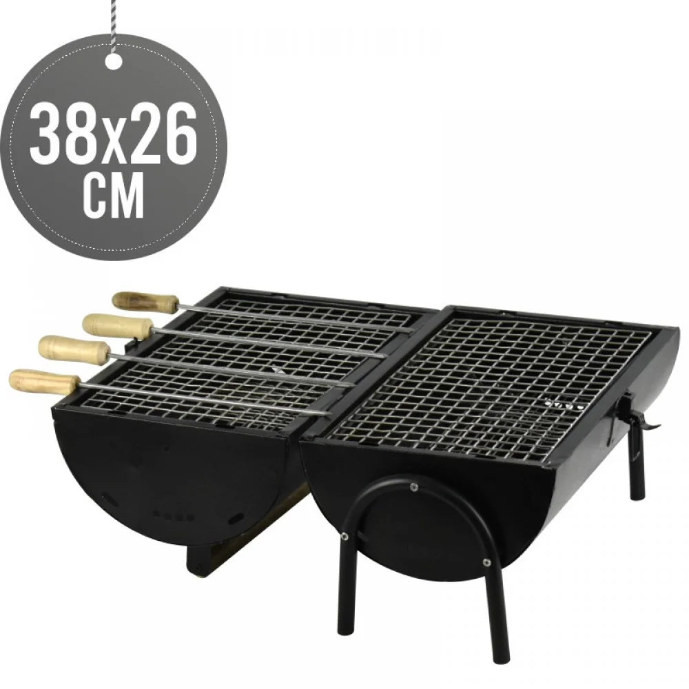 Portable barbecue grill 38x26 cm, double cooking surface, steel construction with wooden handles.