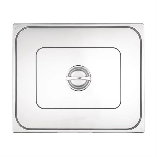 Stainless steel gastronorm lid GN 2/1 for food trays, designed for insulation and heat retention.