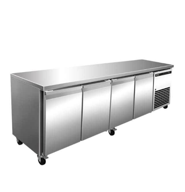 Stainless steel commercial refrigerator on a white background