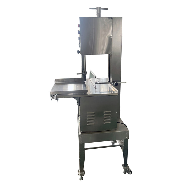 KRD Professional Bone Saw 2400mm, heavy-duty stainless steel construction, standing saw with meat pusher and counter.