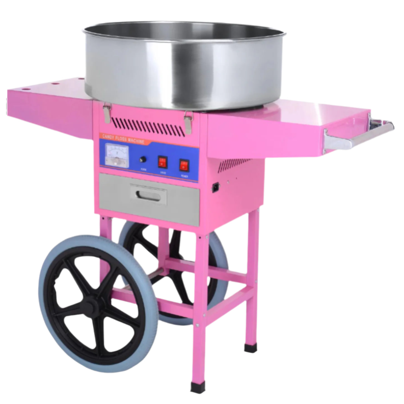 KRD Professional Candy Floss Machine in pink, 730mm, 60 pcs/hour, mobile with wheels, suitable for commercial use.