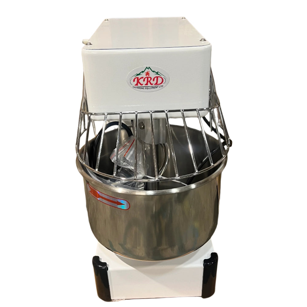 KRD professional countertop spiral dough mixer, 10 litres, stainless steel bowl, fixed head, variable speed, designed for safety.
