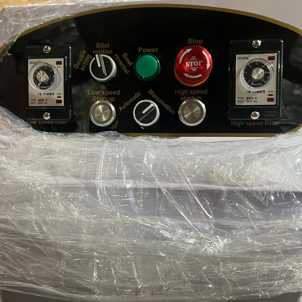 Control panel of KRD 260L professional spiral dough mixer with timers and emergency stop.