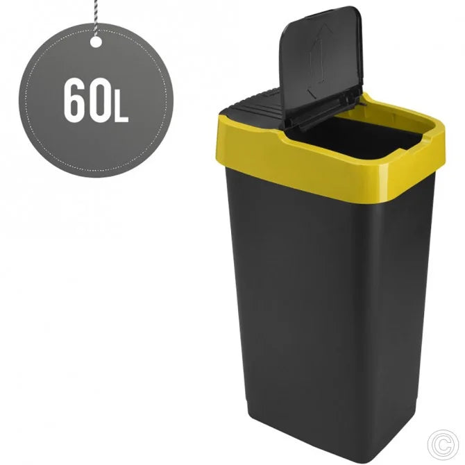 60L Plastic Swing Bin for Recycling Kitchen Rubbish Waste Dustbin with Yellow Lid